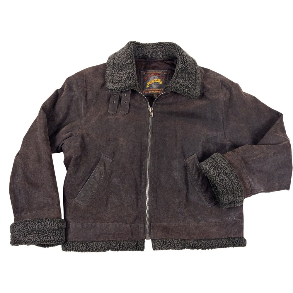 Mens Vintage Leather Medium Brown Shearling Bomber Jacket 90s Wilsons Adventure